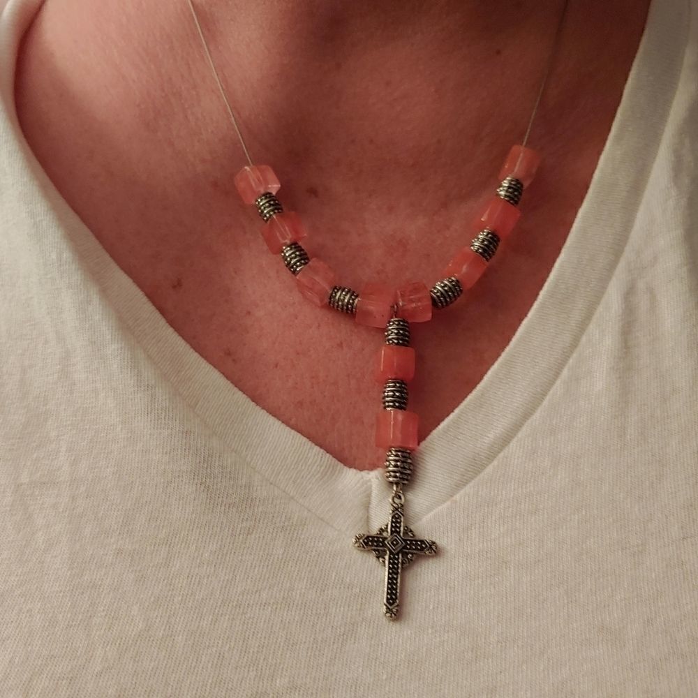Handmade Necklace Pink Quartz & metal barrel spacers w/ metal cross Necklace
